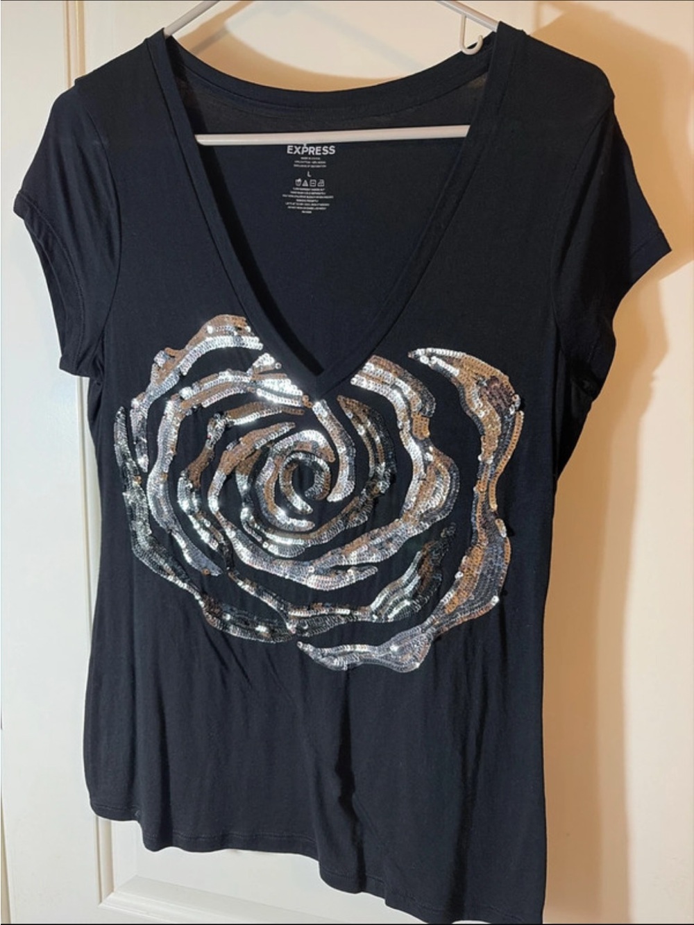Express Black V-Neck Tee with Silver Sequin Rose